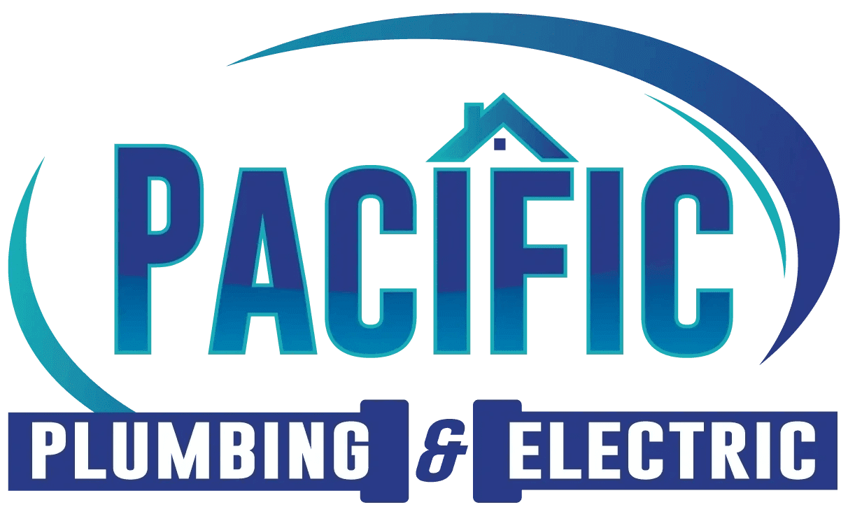A blue and white logo for pacific plumbing & electrical.